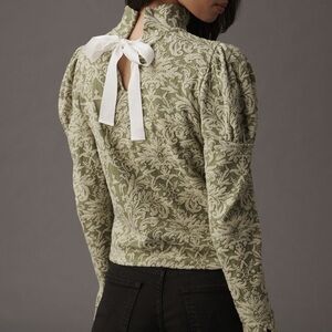 Elegant Green Patterned Top with Bow Detail Anthropologie xl